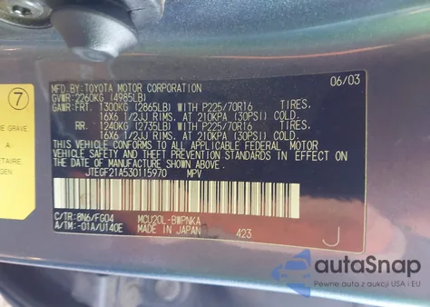 2003 Toyota Highlander V6 из США, поврежденный, VIN JTEGF21A530115970